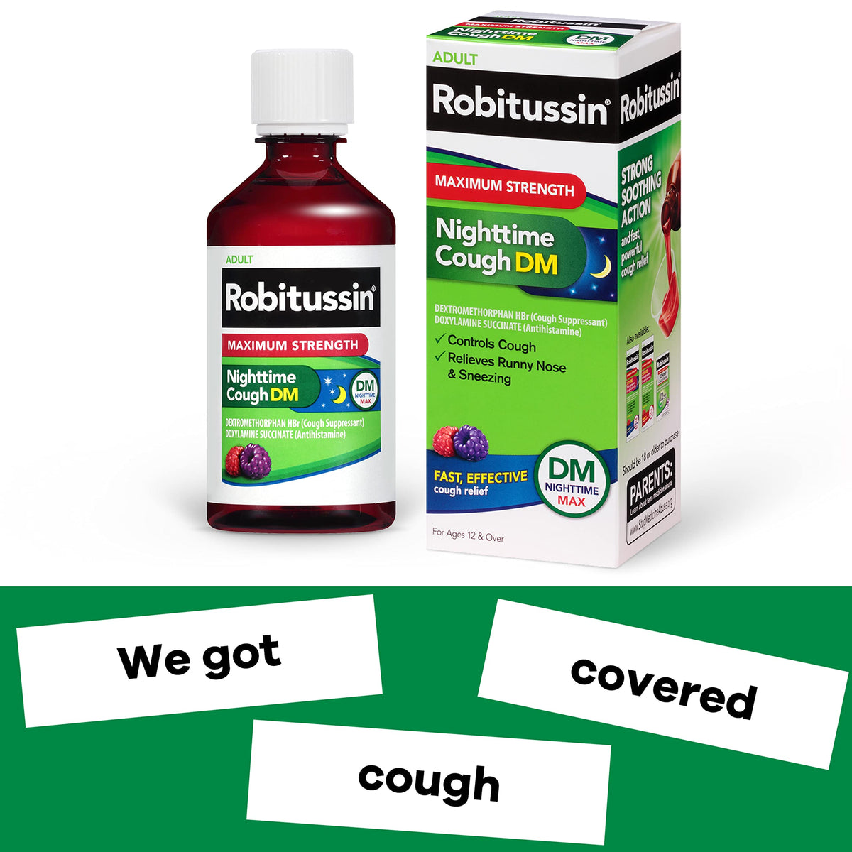Authentic Robitussin berry flavor nighttime cough suppressant safety seal and container lid.