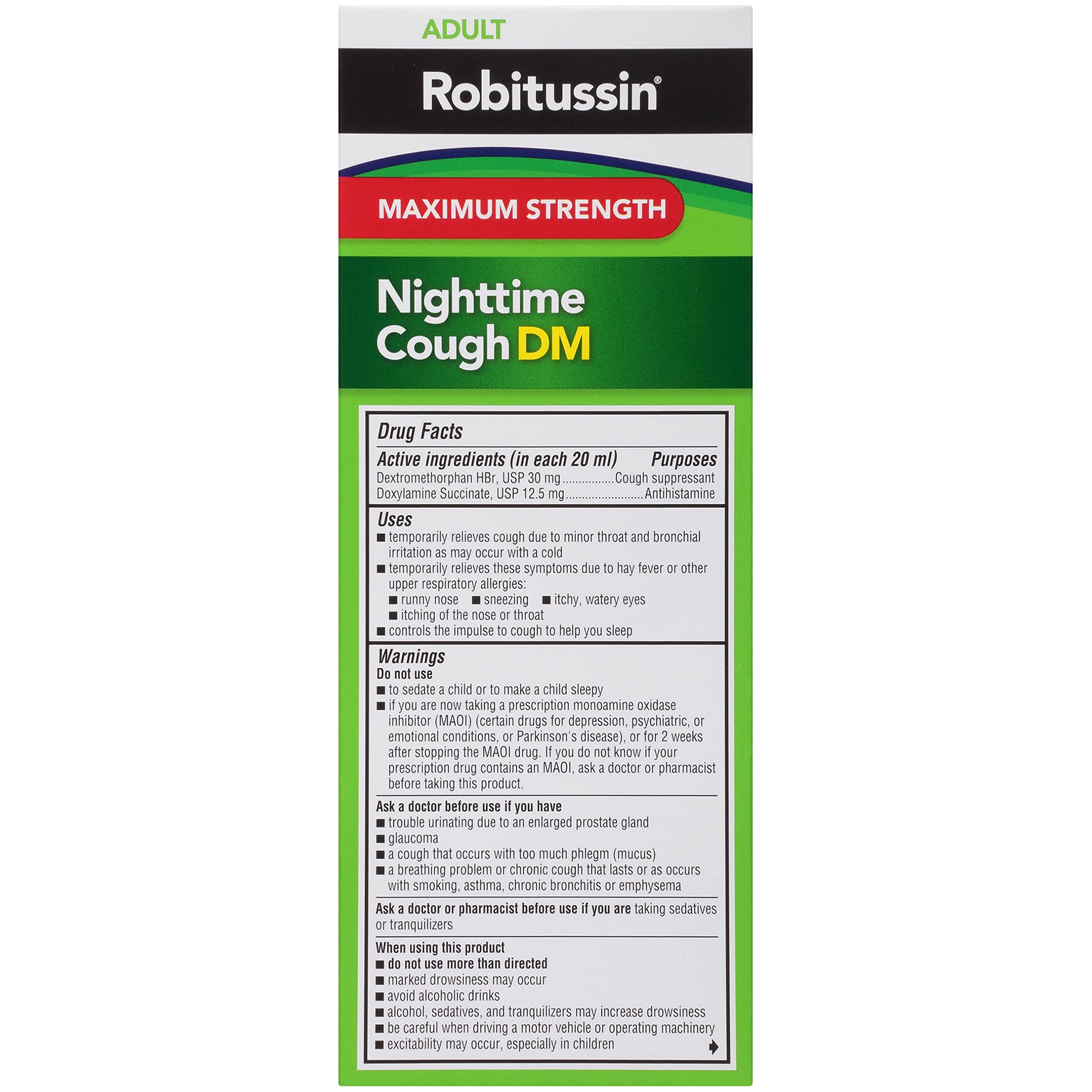 Imported Robitussin nighttime cough remedy showing expiration date and standard storage instructions.