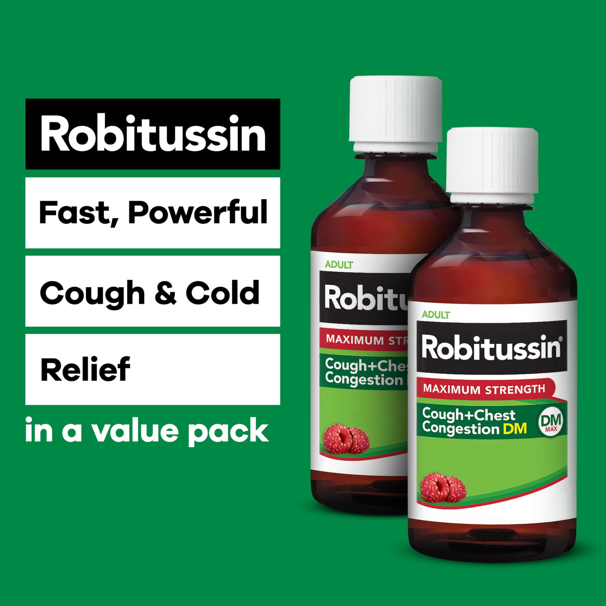Robitussin Adult DM Max raspberry flavor cough syrup label ingredients and drug facts