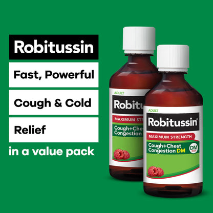 Robitussin Adult DM Max raspberry flavor cough syrup label ingredients and drug facts