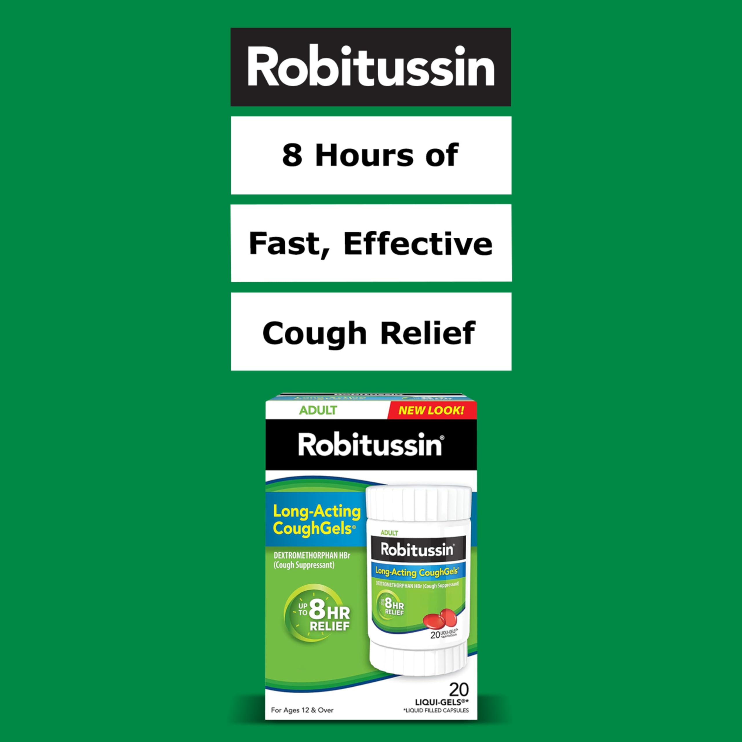 Robitussin Long Acting CoughGels liquid filled capsules side view showing product count and non drowsy label