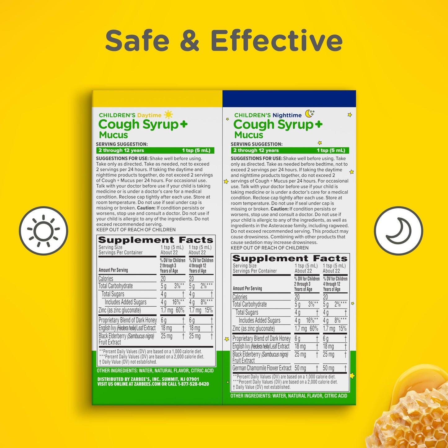 Zarbee's kids cough plus mucus day and night bottles standing side by side against a clean background.