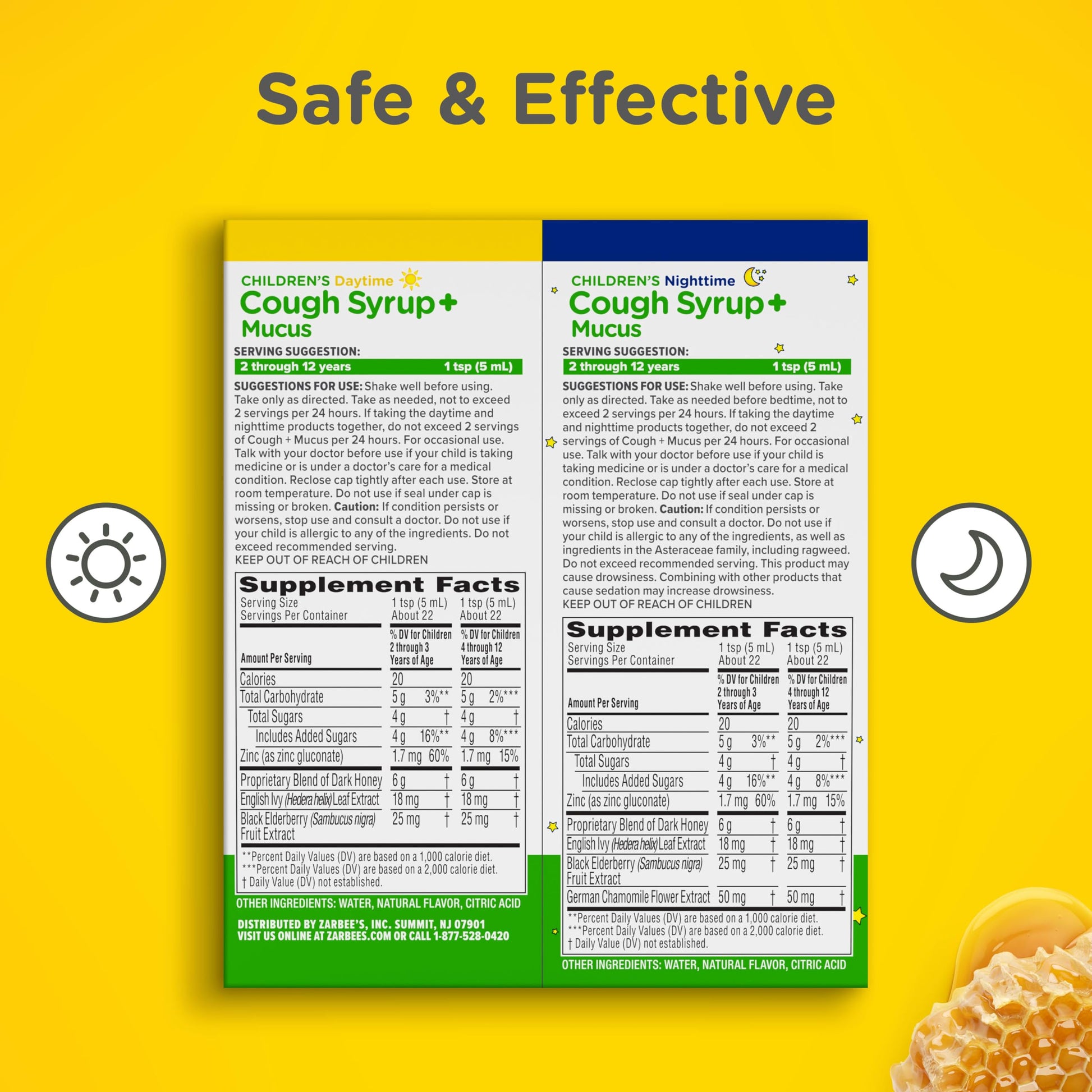 Zarbee's kids cough plus mucus day and night bottles standing side by side against a clean background.