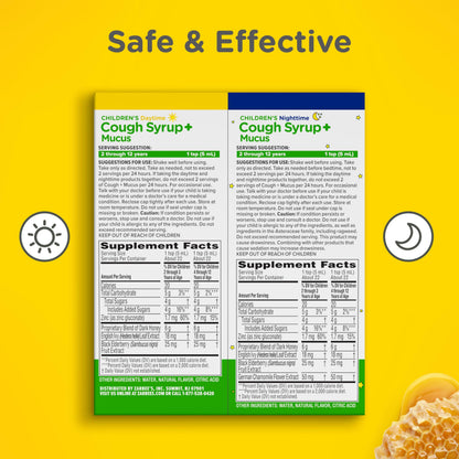 Zarbee's kids cough plus mucus day and night bottles standing side by side against a clean background.