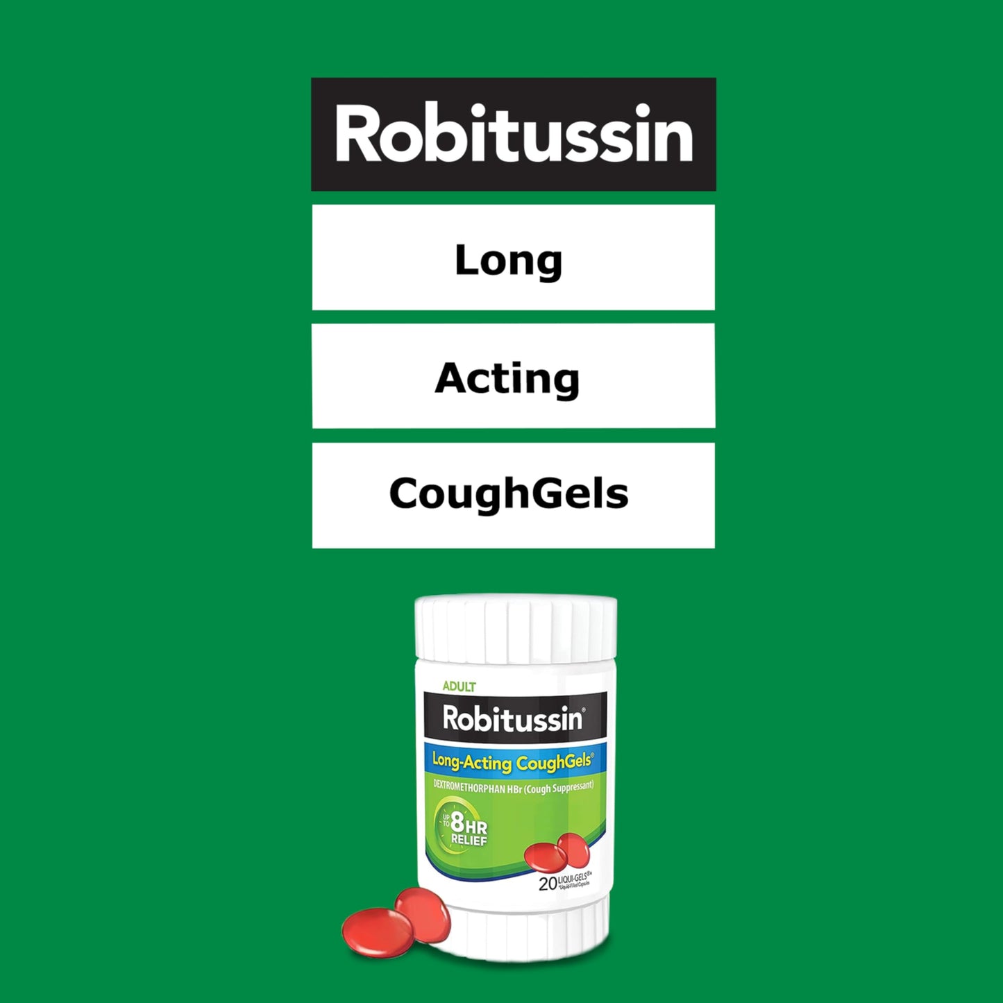 Robitussin Long Acting liquid filled capsules medicine bottle showing dosage directions for adults