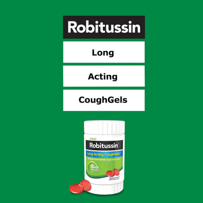 Robitussin Long Acting liquid filled capsules medicine bottle showing dosage directions for adults