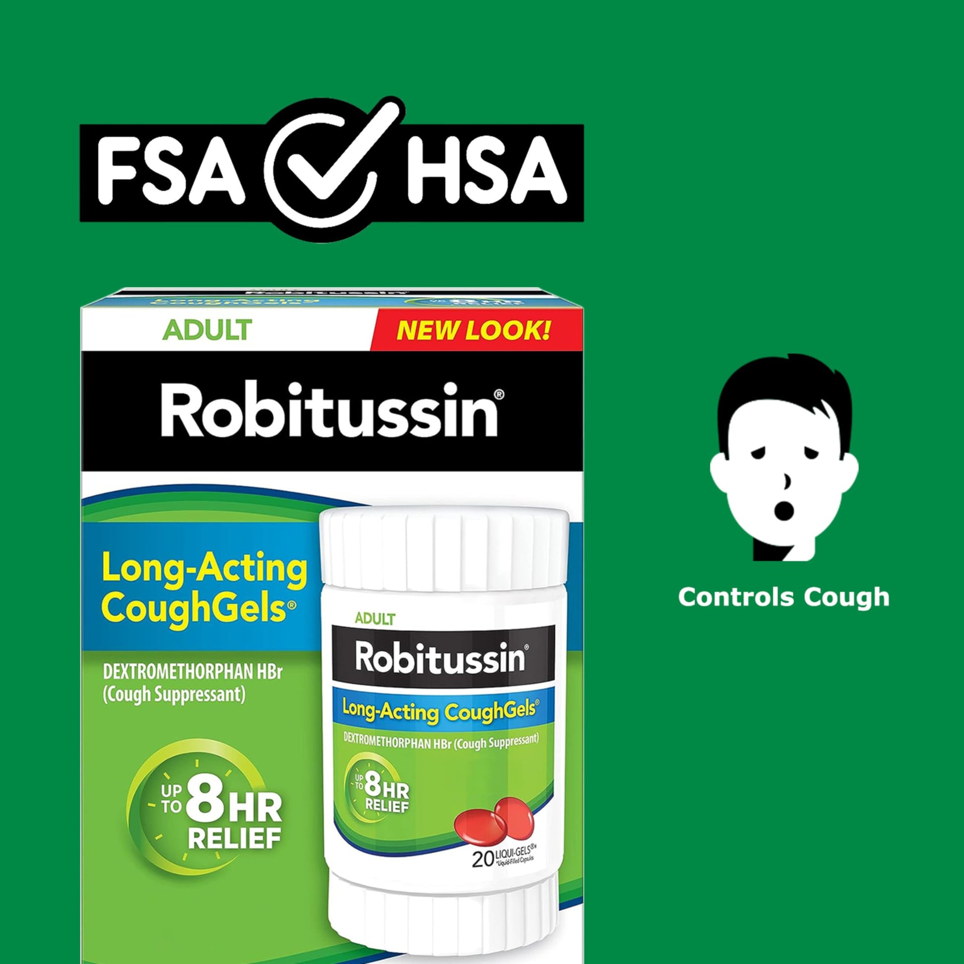 Robitussin Adult Formula CoughGels packaging close up detailing the dextromethorphan active component