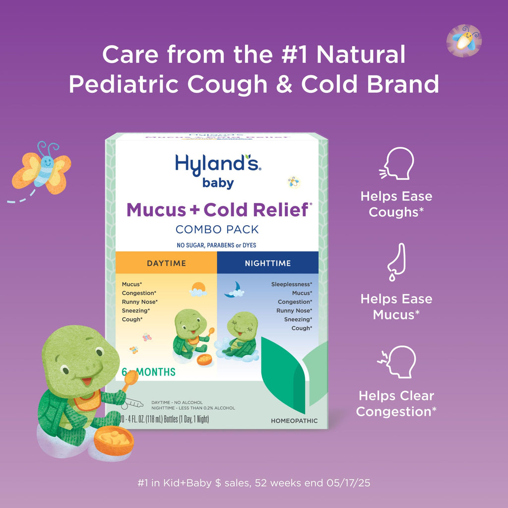 Hyland's infant cold medicine daytime and nighttime syrup bottles with dosing syringe included