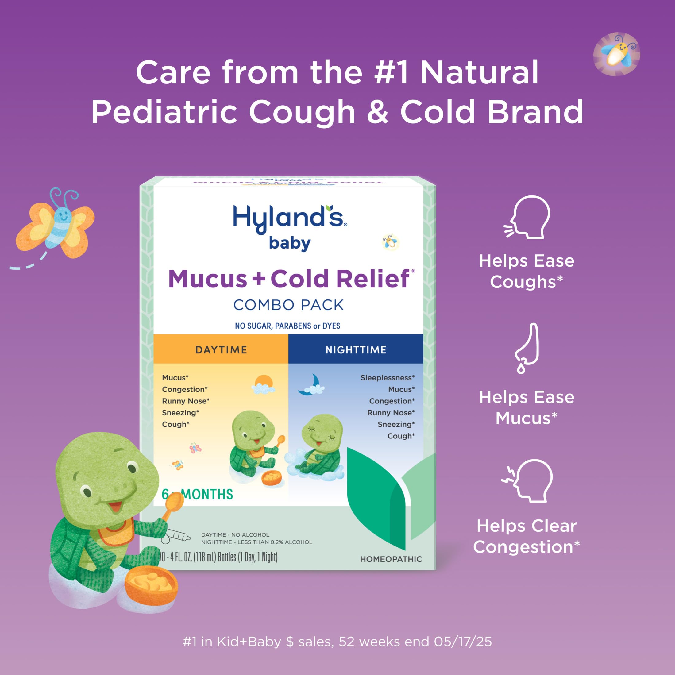Hyland's infant cold medicine daytime and nighttime syrup bottles with dosing syringe included