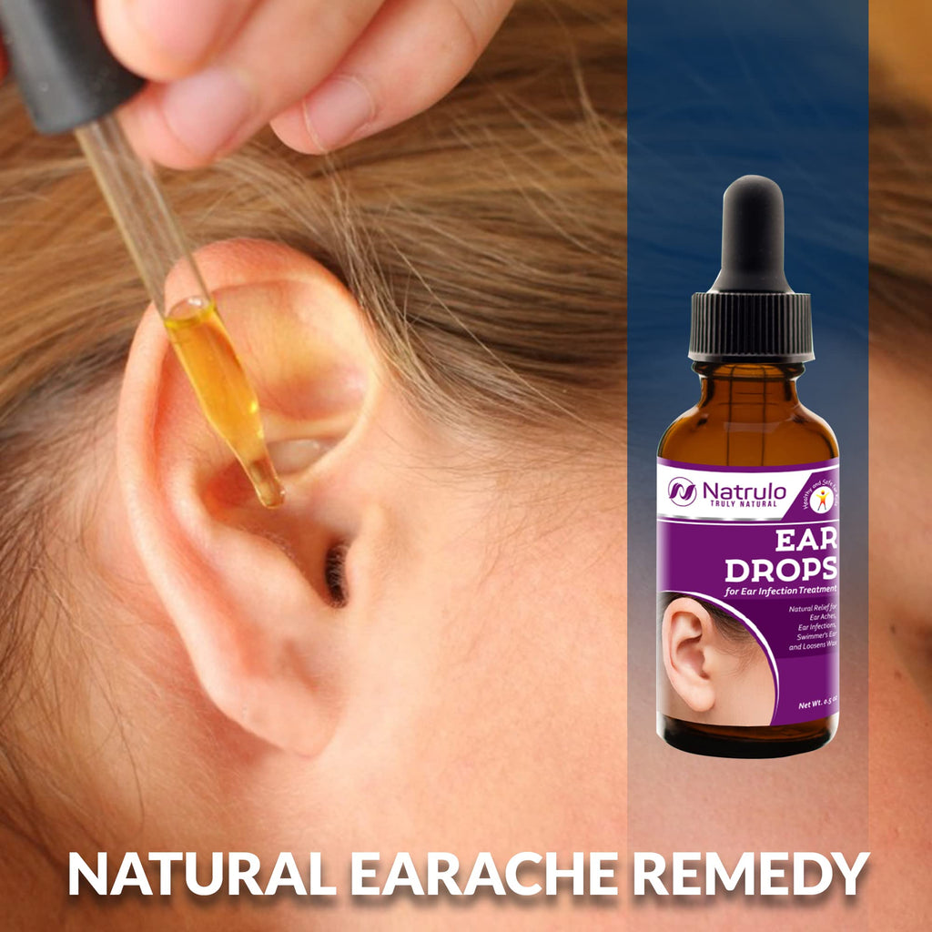 Natrulo natural ear care drops display with label highlights