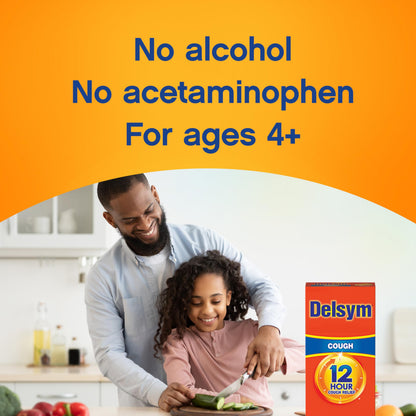 Delsym 12 hour powerful cough relief liquid showing drug facts and ingredients panel
