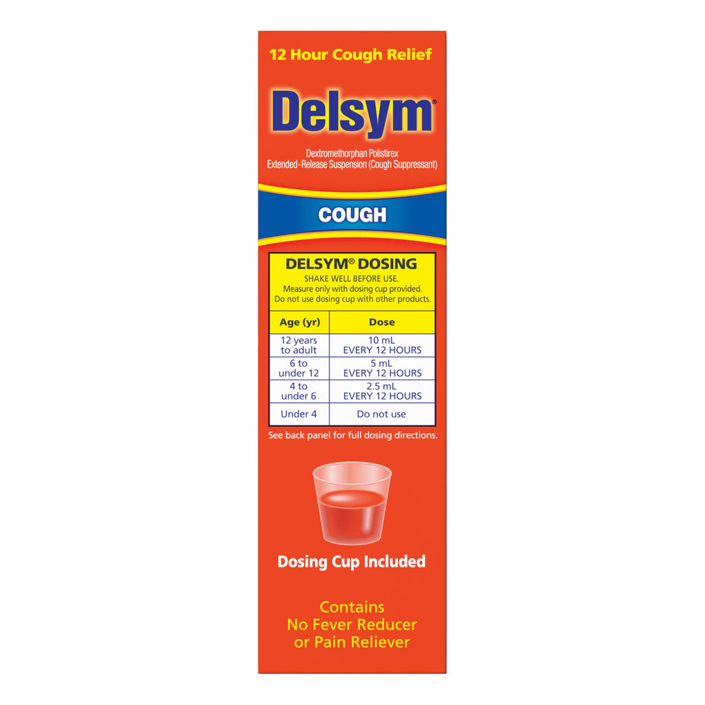 Delsym 12 hour orange liquid suspension original imported product box close up