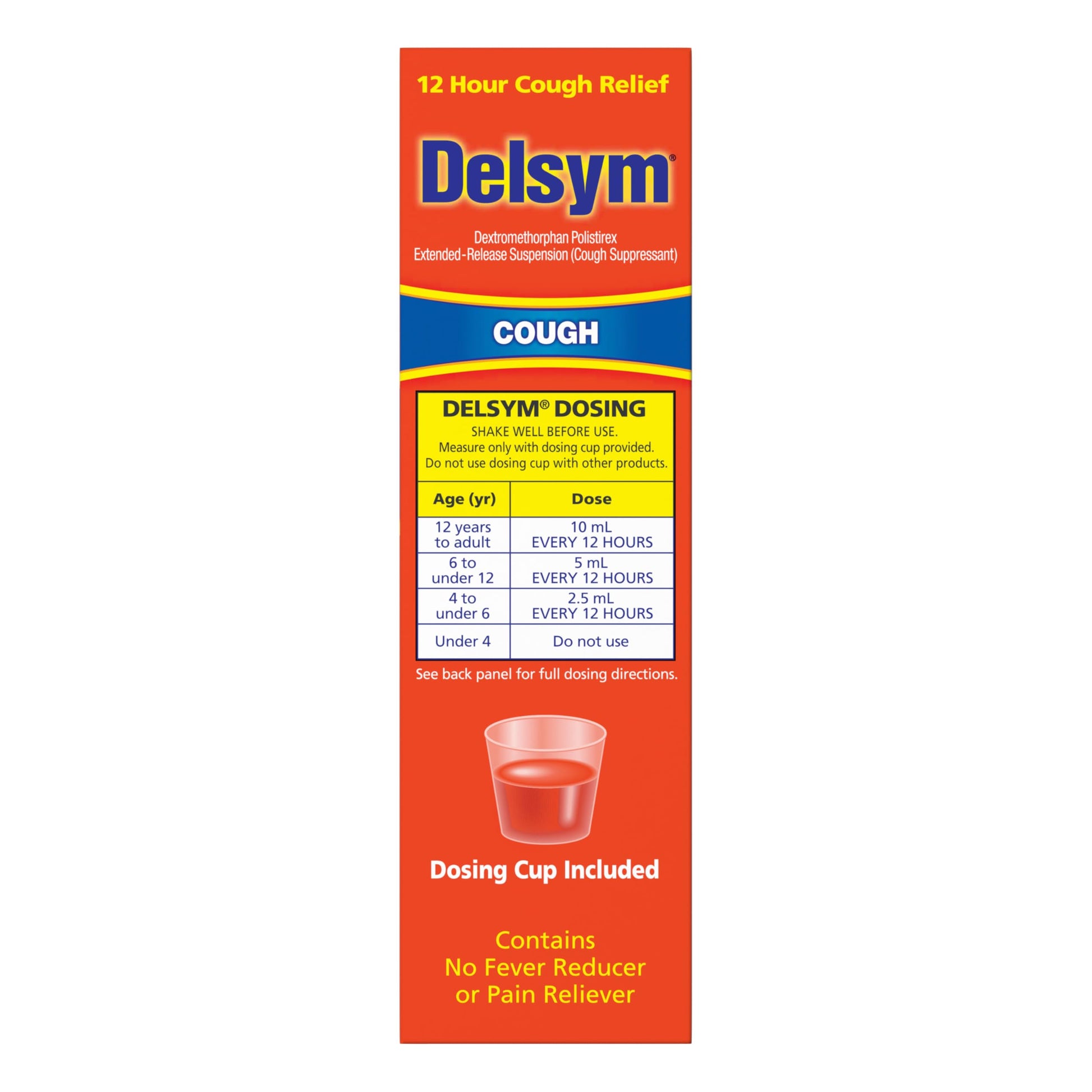 Delsym 12 hour orange liquid suspension original imported product box close up