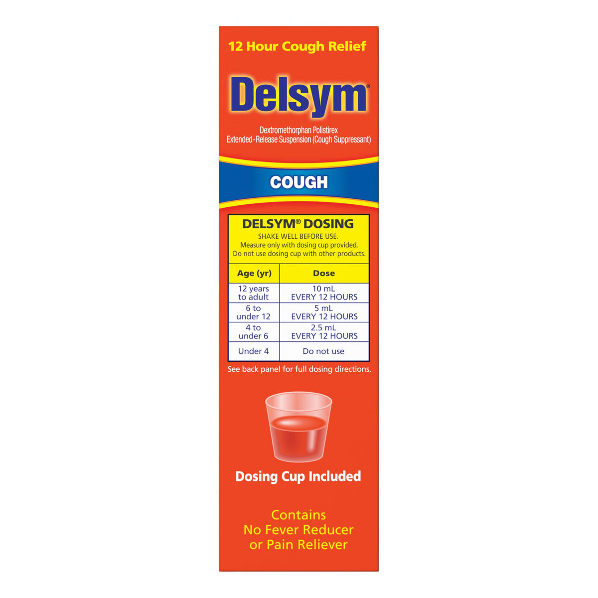 Delsym 12 hour orange liquid suspension original imported product box close up