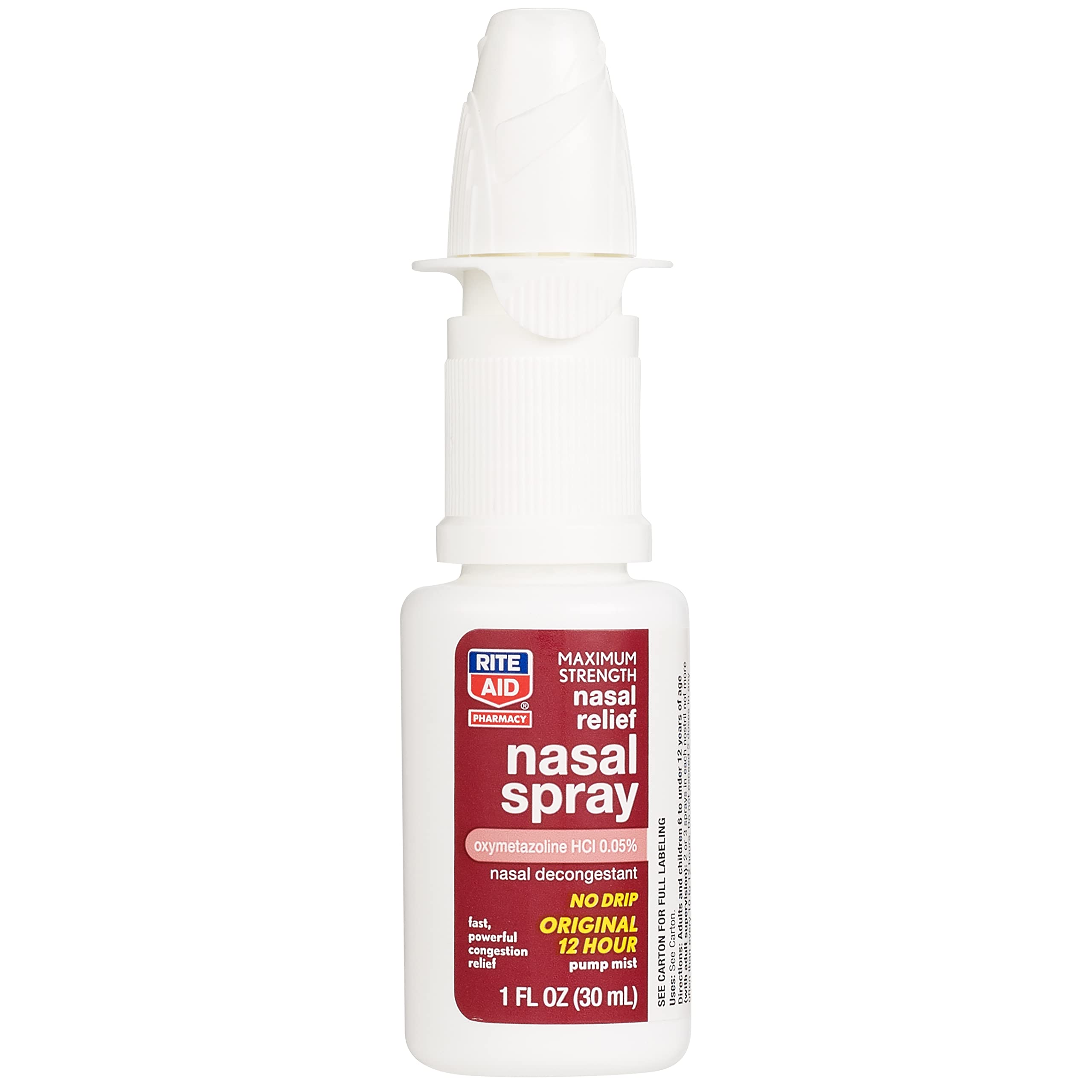 Rite Aid No Drip Nasal Decongestant pump mist bottle displaying drug facts and active ingredient details.