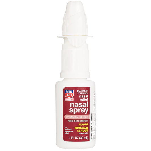 Rite Aid No Drip Nasal Decongestant pump mist bottle displaying drug facts and active ingredient details.