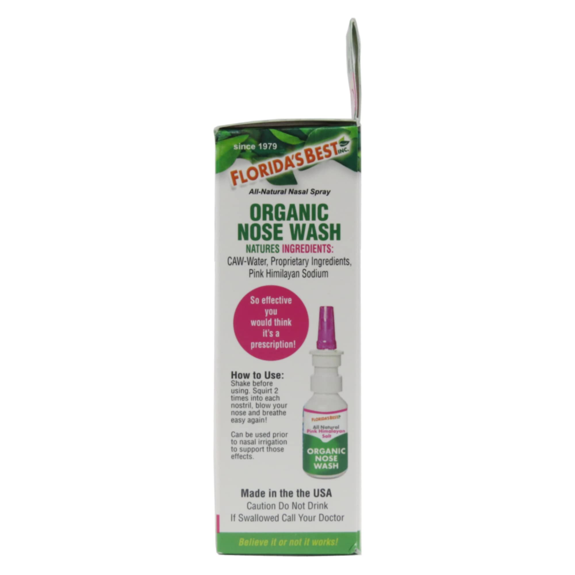 Florida's Best Inc nasal decongestant spray bottle showcasing the natural essential oils and pink Himalayan salt ingredients