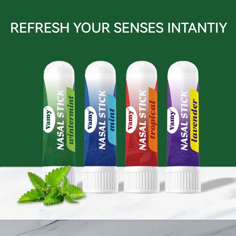 Full product kit view of the Vamy imported nasal stick set emphasizing the natural essential oils and cooling menthol features.