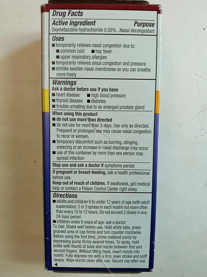 Afrin 15 mL moisturizing nasal spray packaging showing active ingredient details.