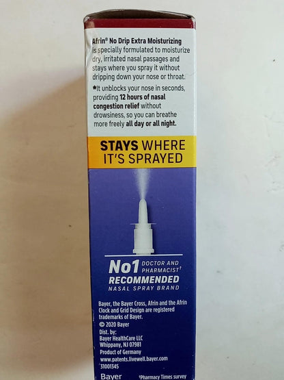 Side view of Afrin No Drip non-drowsy decongestant spray bottle.