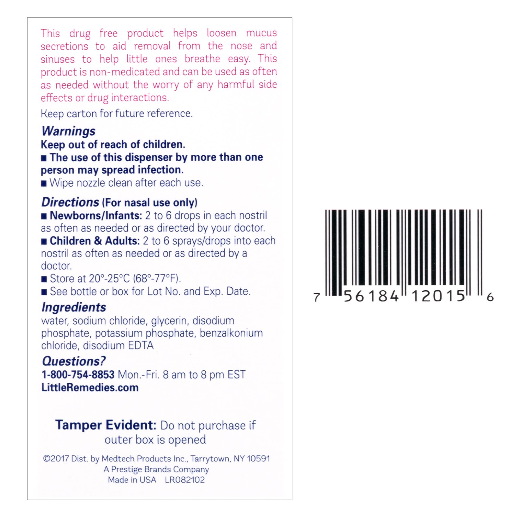 Little Remedies infant nasal saline drops bottle showing the dual spray and drop applicator tip.