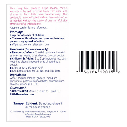 Little Remedies infant nasal saline drops bottle showing the dual spray and drop applicator tip.