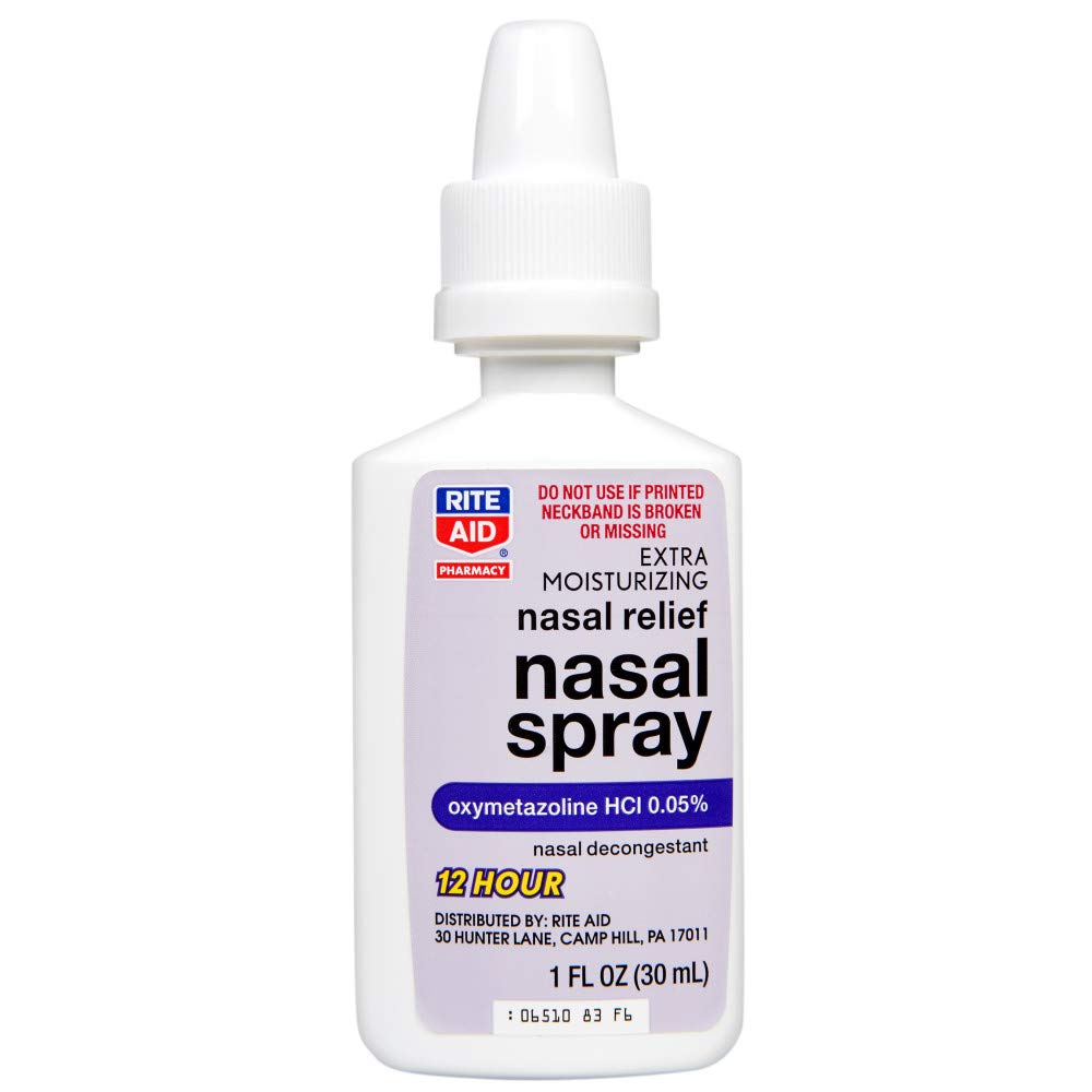 Rite Aid nasal decongestant spray bottle highlighting twelve hour sinus and allergy pressure relief