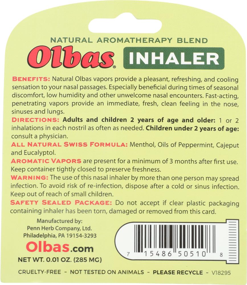 Olbas imported herbal remedy nasal inhaler pack of six side view showing details