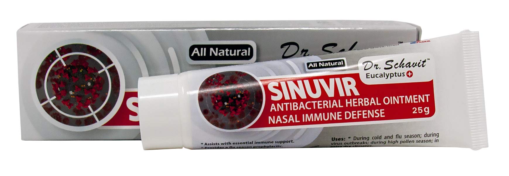Dr. Schavit Sinuvir moisturizing nasal balm tube alongside packaging showing key ingredients like eucalyptus oil.