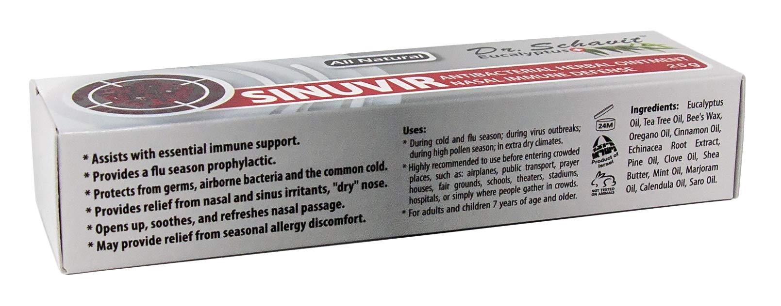 Individual twenty five gram tubes of Dr. Schavit herbal defense ointment displayed for family health use.
