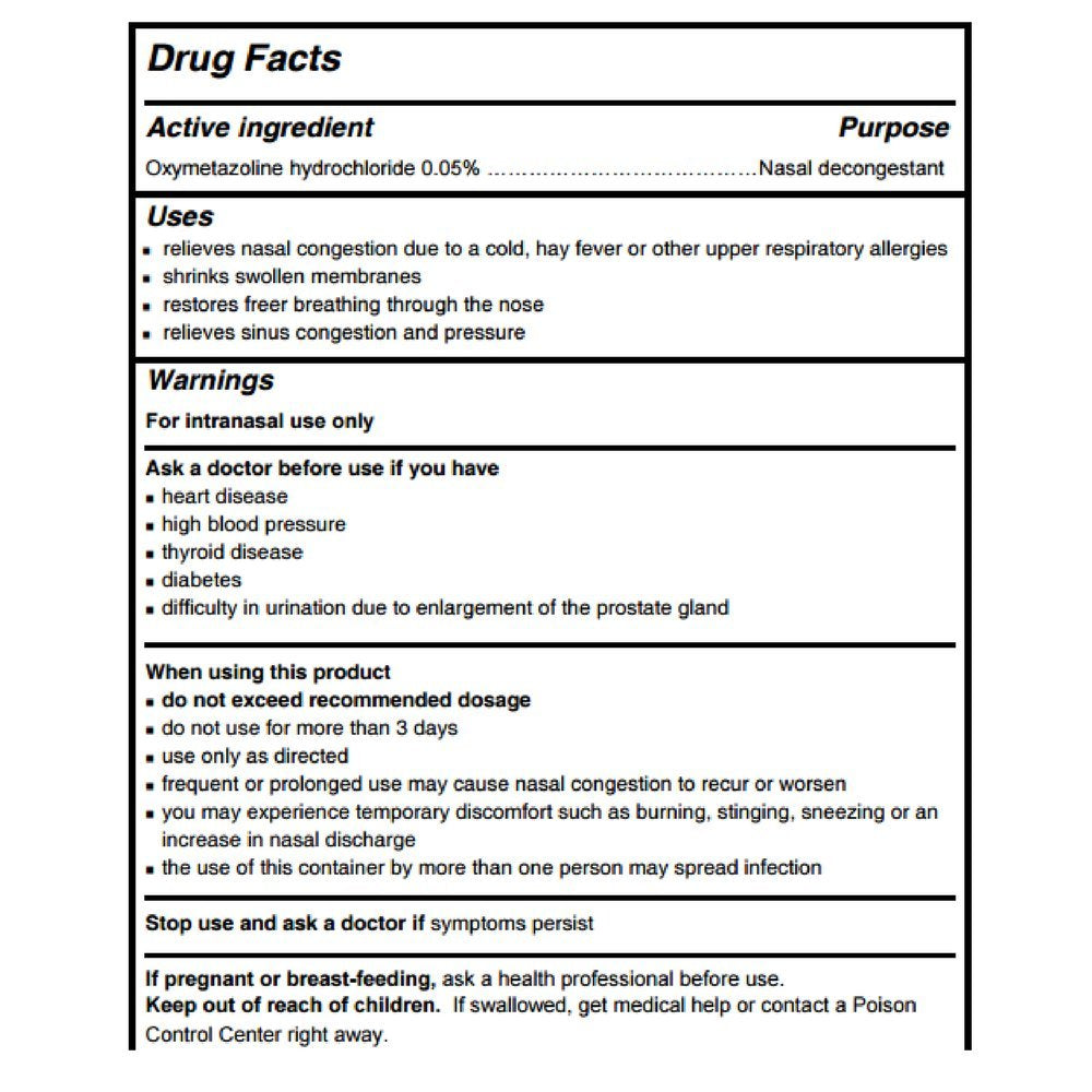 Side angle of imported Dristan nasal decongestant spray bottle pack displaying active ingredients