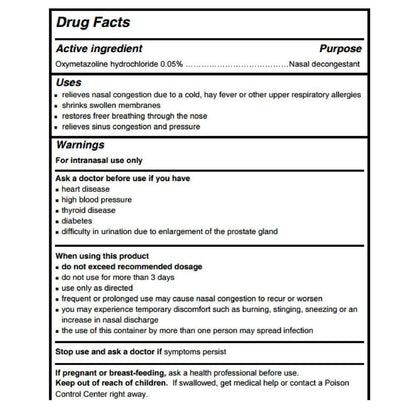 Side angle of imported Dristan nasal decongestant spray bottle pack displaying active ingredients