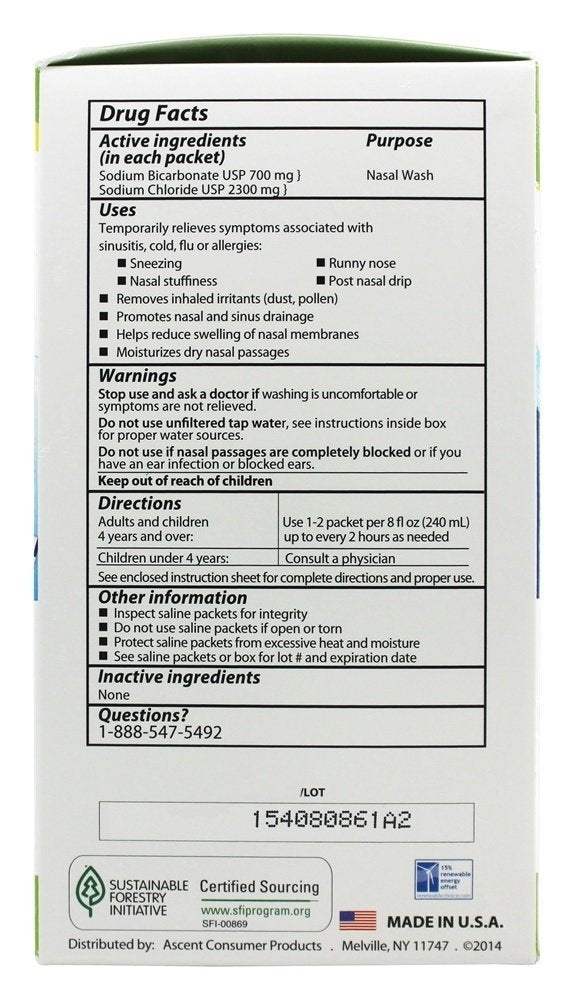 SinuCleanse pharmacy grade all natural pre mixed saline packets for neti pots and nasal wash systems