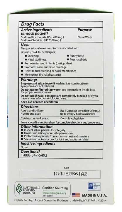 SinuCleanse pharmacy grade all natural pre mixed saline packets for neti pots and nasal wash systems