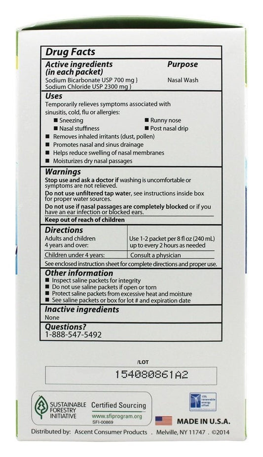 SinuCleanse pharmacy grade all natural pre mixed saline packets for neti pots and nasal wash systems