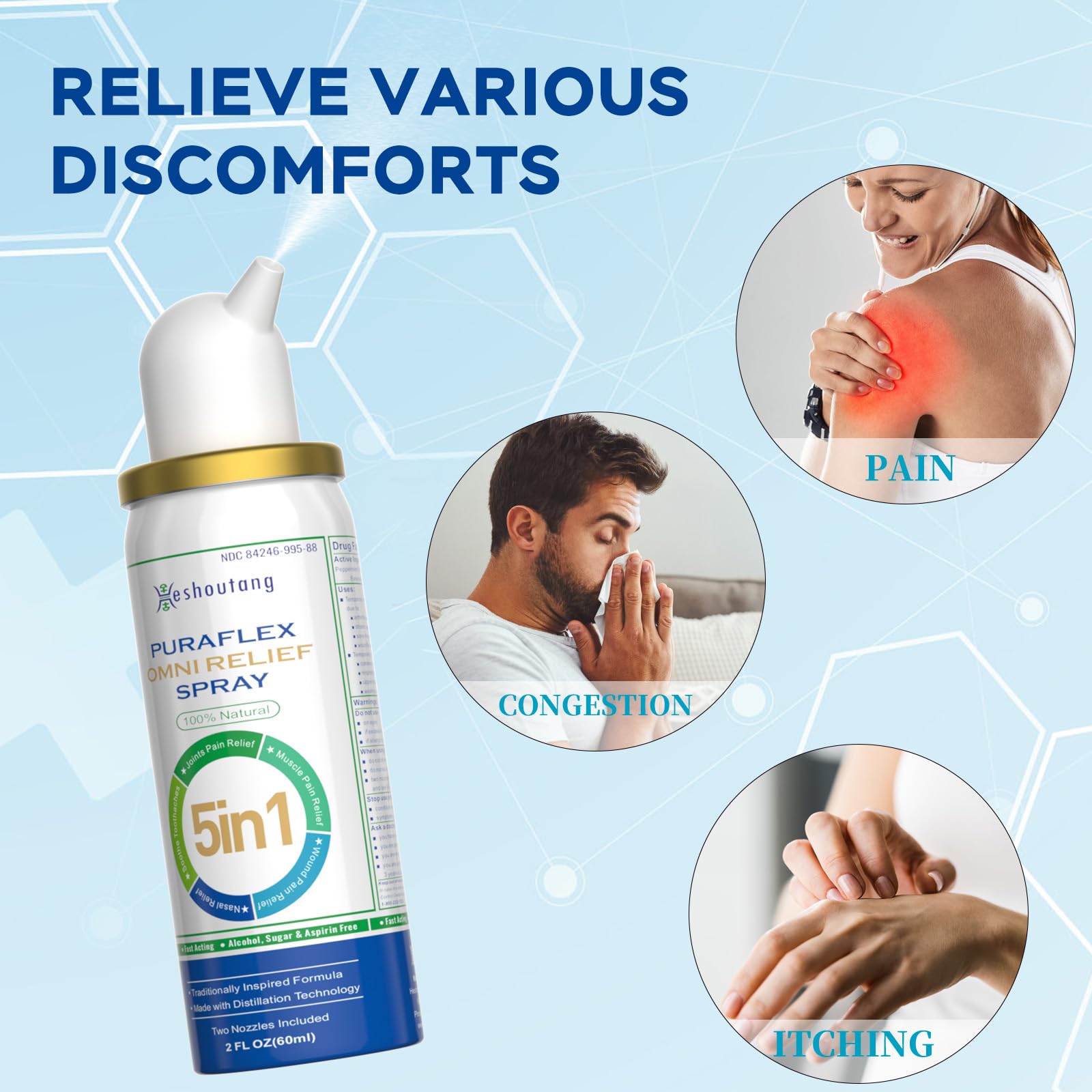 Heshoutang OmniRelief five in one herbal formula box showing twelve hour relief benefits