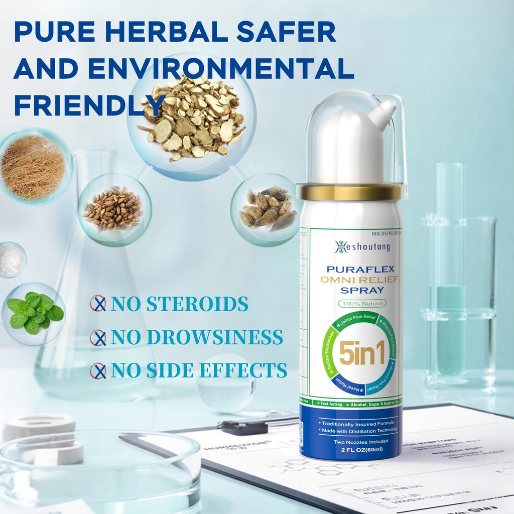 Two fluid ounces bottle of Heshoutang PuraFlex showing dual nozzle application system