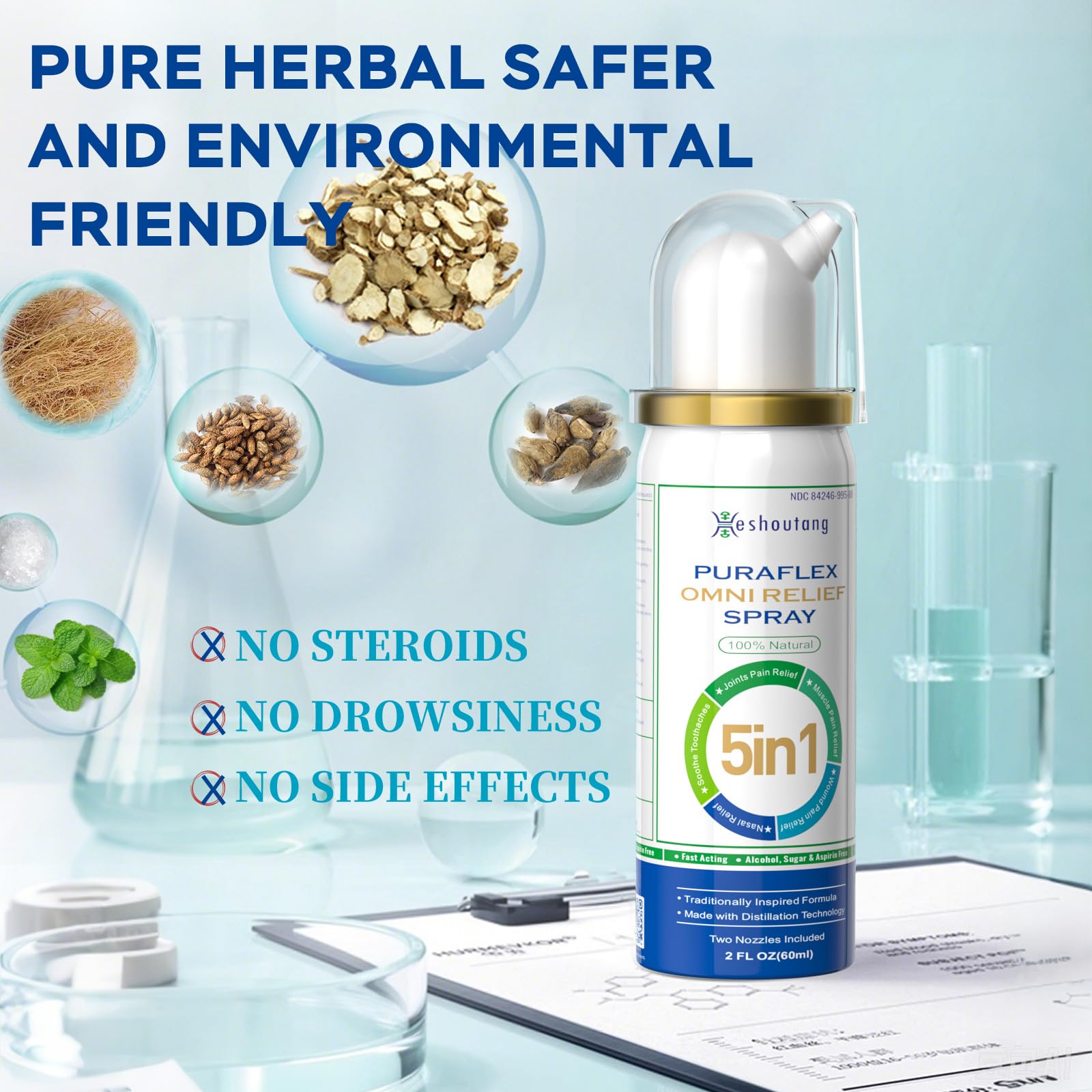 Two fluid ounces bottle of Heshoutang PuraFlex showing dual nozzle application system