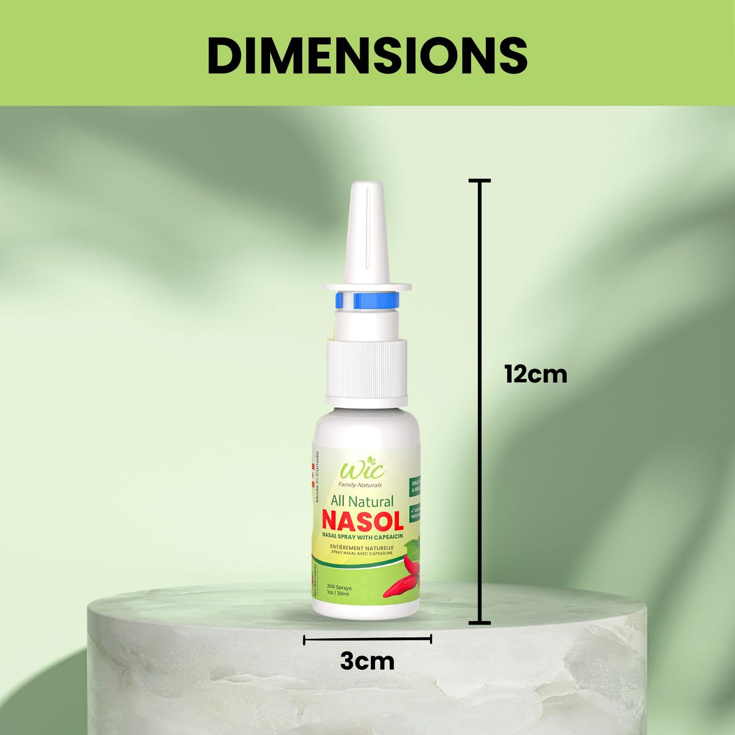 Capsaicin nasal spray for stuffy nose and seasonal allergy comfort showing product dimensions
