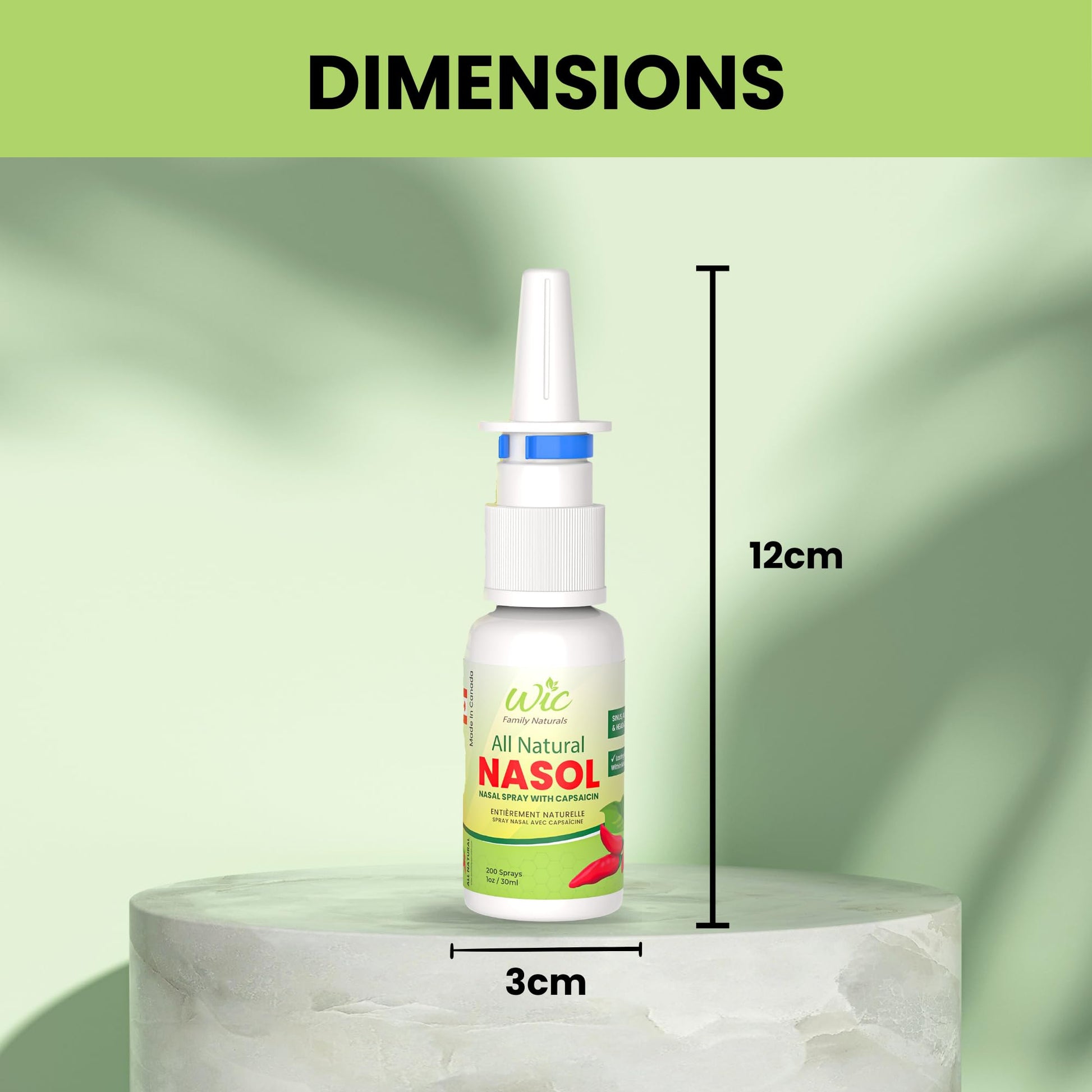 Capsaicin nasal spray for stuffy nose and seasonal allergy comfort showing product dimensions