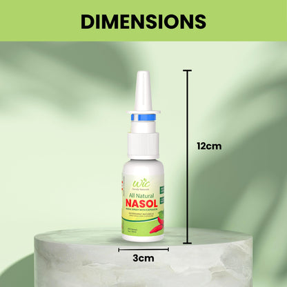 Capsaicin nasal spray for stuffy nose and seasonal allergy comfort showing product dimensions