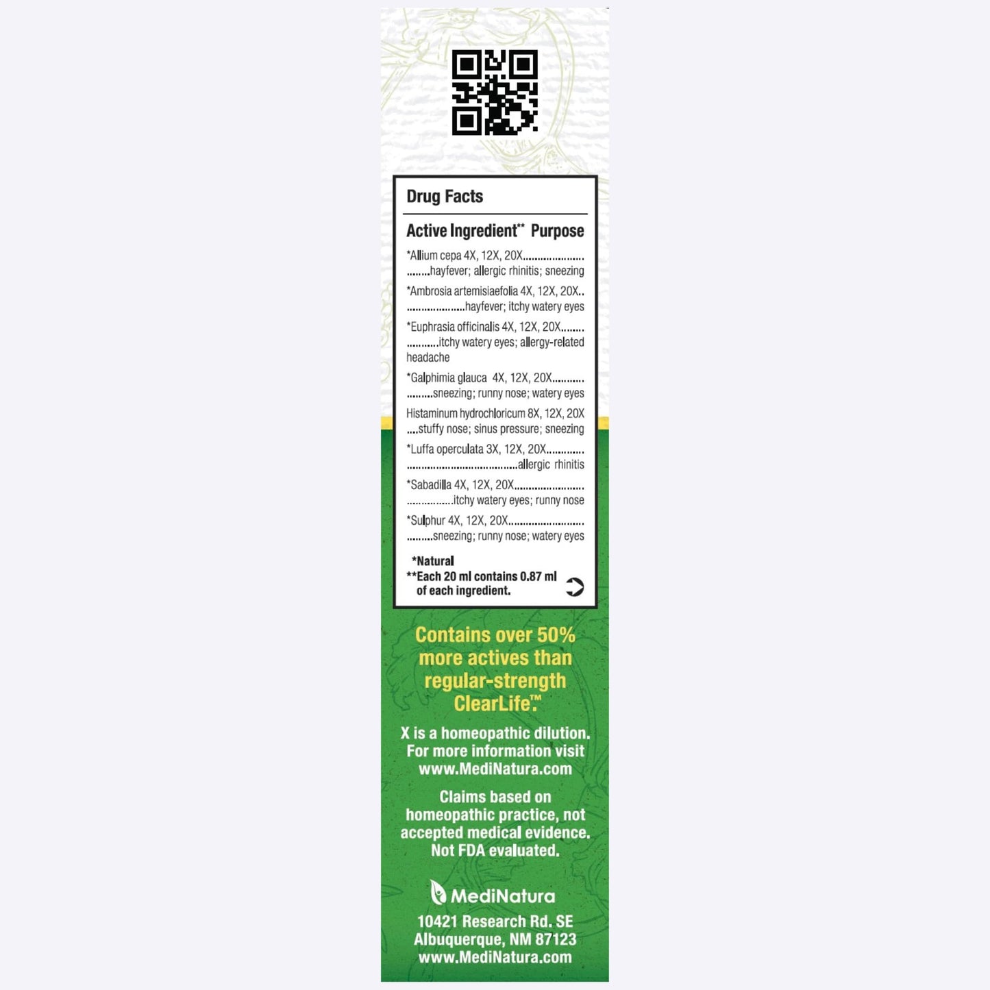 MediNatura ClearLife multi system allergy relieving mist bottle details and fluid ounce measurement