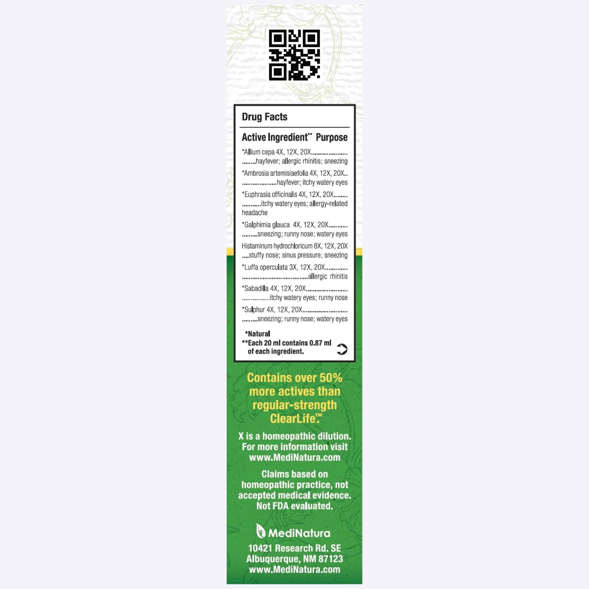 MediNatura ClearLife multi system allergy relieving mist bottle details and fluid ounce measurement