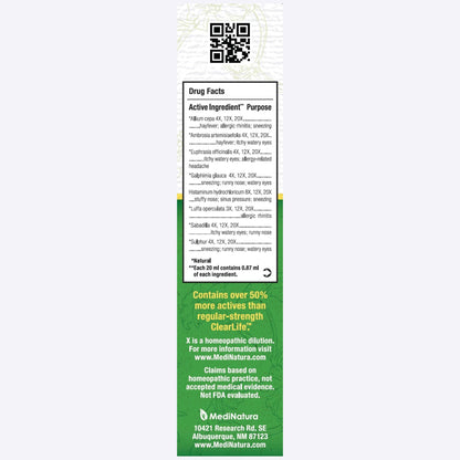 MediNatura ClearLife multi system allergy relieving mist bottle details and fluid ounce measurement
