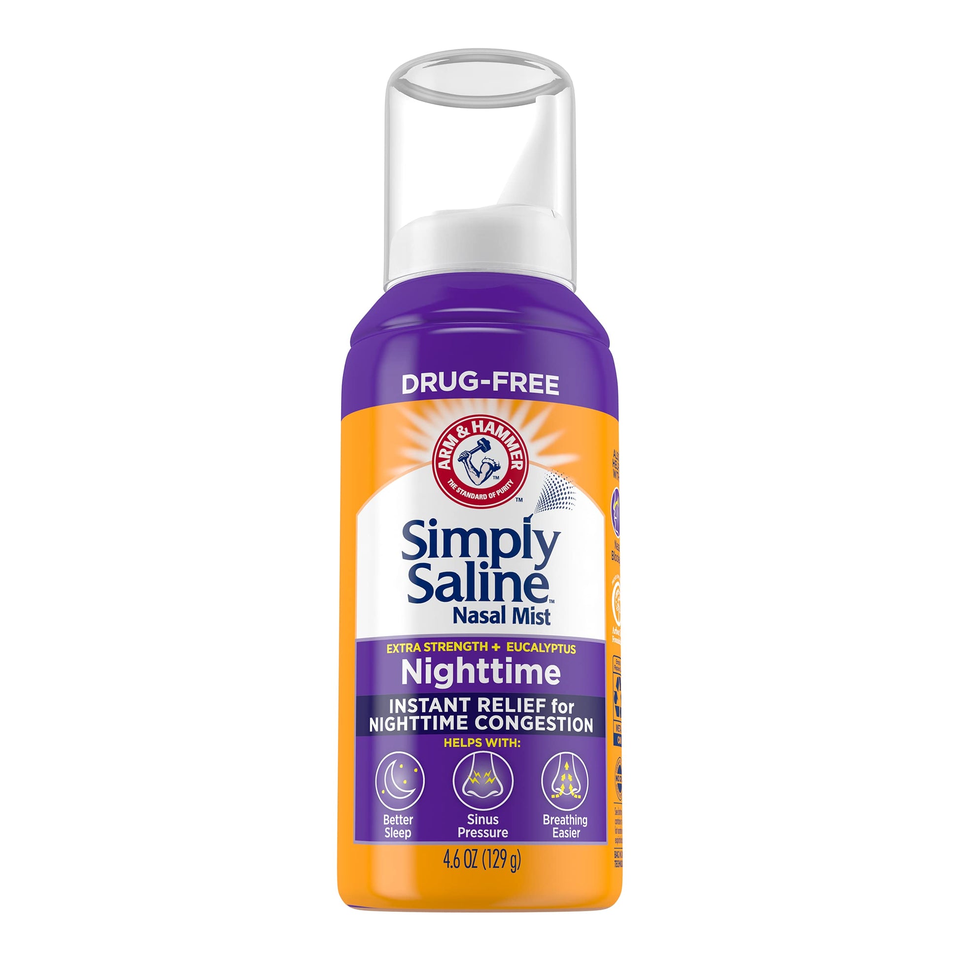 Arm and Hammer drug free nighttime saline nasal spray with eucalyptus ingredients label