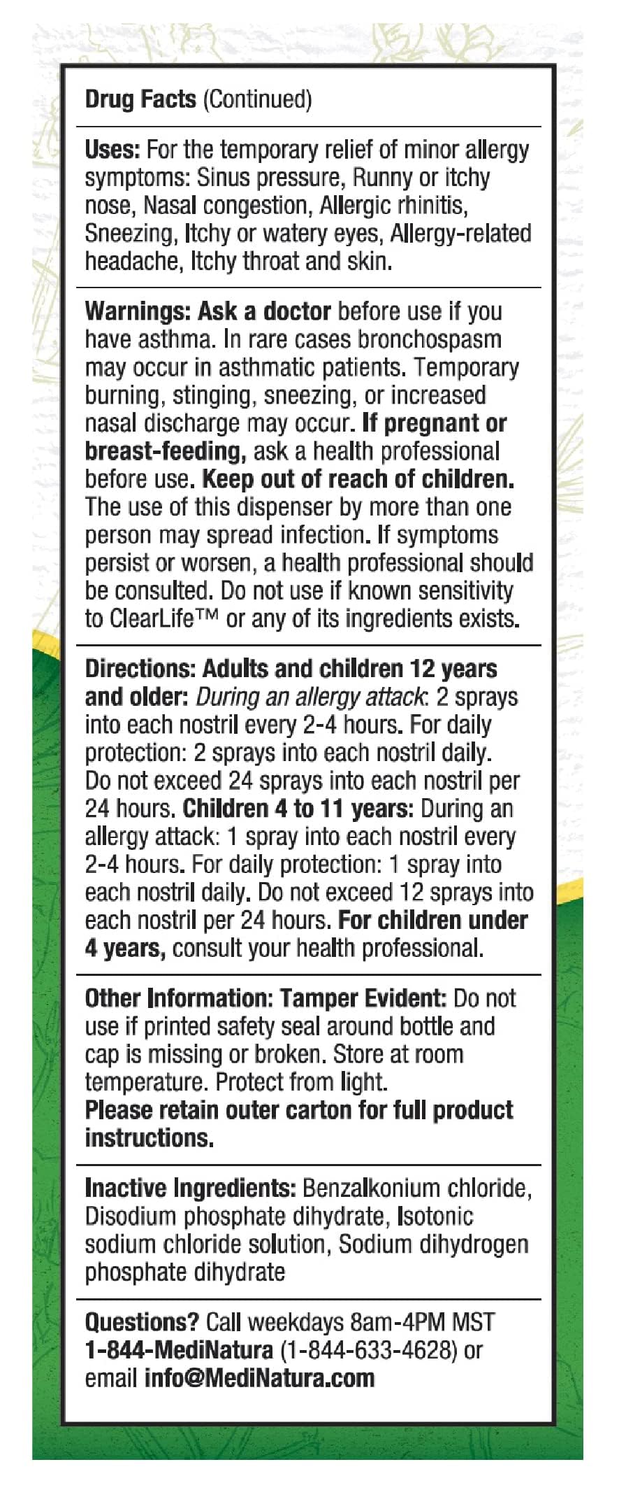 MediNatura allergy nasal spray showing eight powerful homeopathic actives on side panel packaging