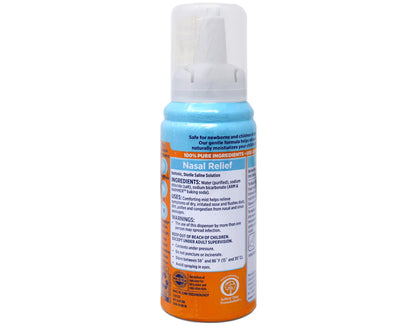Back label of Simply Saline Baby Nasal Mist illustrating drug free ingredients and usage directions.