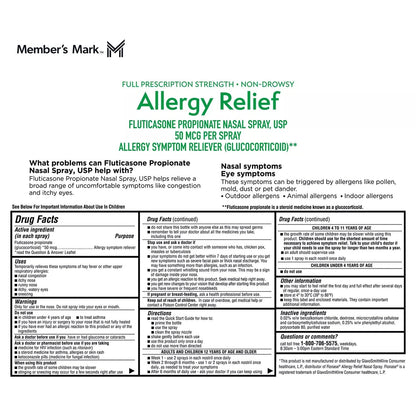 Member's Mark Aller-Nose 6 pack nasal spray box showing 144 metered sprays per bottle.