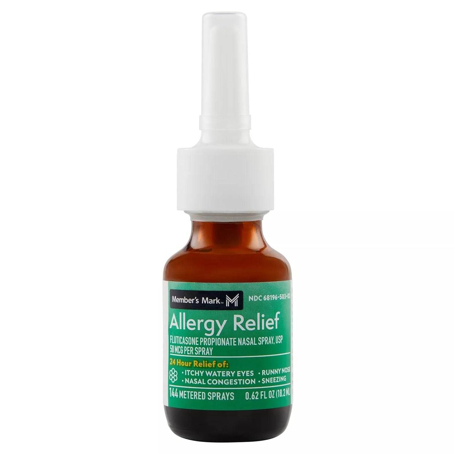 USA imported fluticasone propionate 50 mcg non-drowsy allergy relief mist bottles close up.