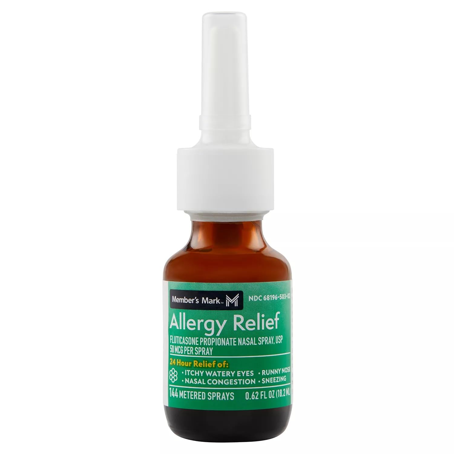 USA imported fluticasone propionate 50 mcg non-drowsy allergy relief mist bottles close up.